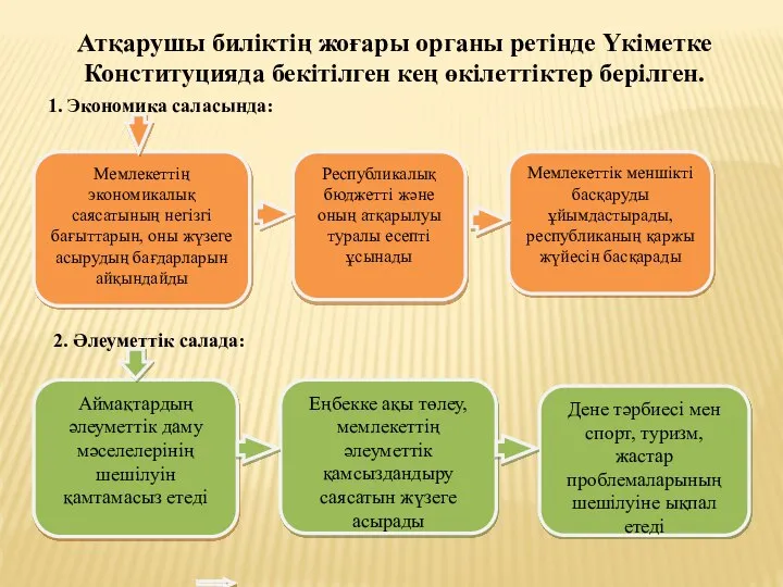 Атқарушы биліктің жоғары органы ретінде Үкіметке Конституцияда бекітілген кең өкілеттіктер берілген.