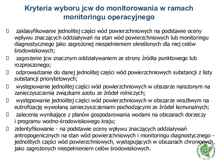 zaklasyfikowanie jednolitej części wód powierzchniowych na podstawie oceny wpływu znaczących oddziaływań