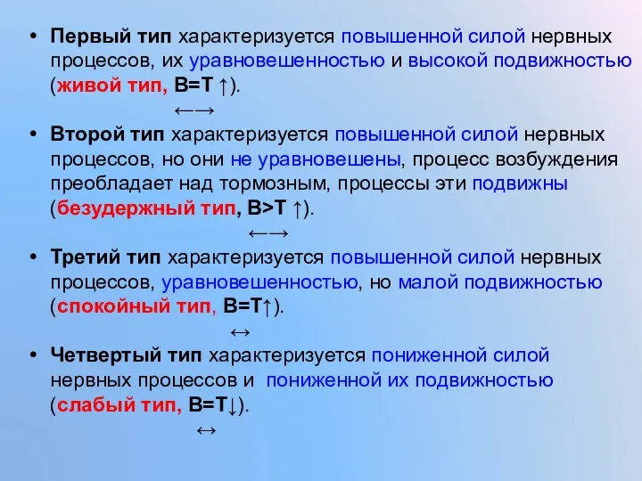 Первый тип характеризуется повышенной силой нервных процессов, их уравновешенностью и высокой