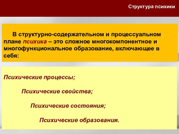 В структурно-содержательном и процессуальном плане психика – это сложное многокомпонентное и