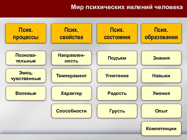 Мир психических явлений человека Псих. процессы Познова-тельные Псих. свойства Псих. состояния