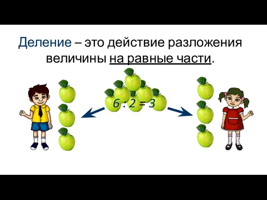 Деление – это действие разложения величины на равные части. 6 : 2 = 3