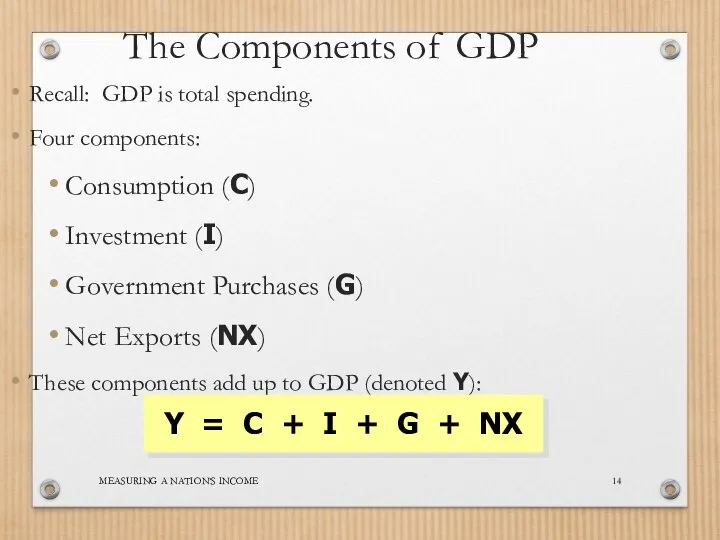 MEASURING A NATION’S INCOME The Components of GDP Recall: GDP is