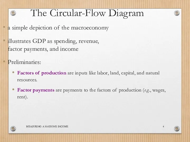 MEASURING A NATION’S INCOME The Circular-Flow Diagram a simple depiction of