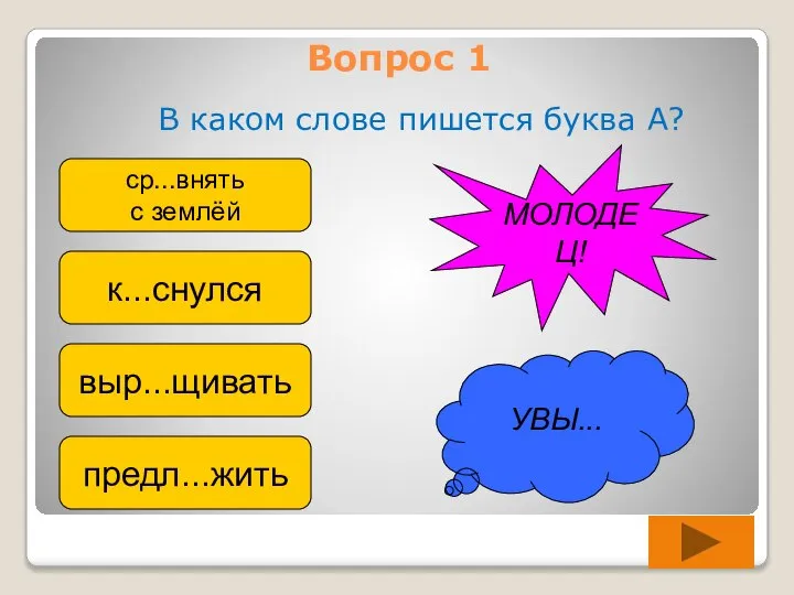 Вопрос 1 В каком слове пишется буква А? ср...внять с землёй к...снулся выр...щивать предл...жить УВЫ... МОЛОДЕЦ!