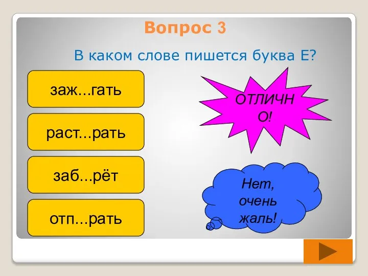 Вопрос 3 В каком слове пишется буква Е? заж...гать раст...рать заб...рёт отп...рать Нет, очень жаль! ОТЛИЧНО!