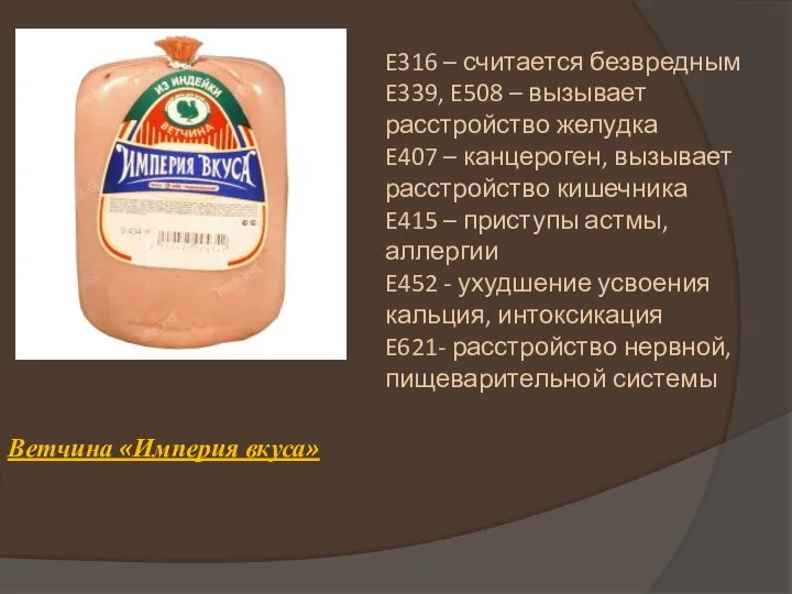 Ветчина «Империя вкуса» E316 – считается безвредным E339, E508 – вызывает