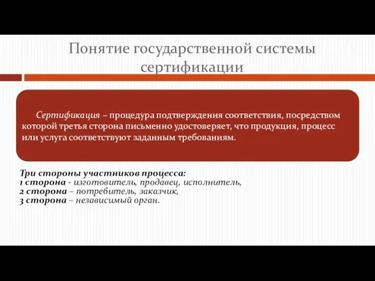 Понятие государственной системы сертификации Три стороны участников процесса: 1 сторона -