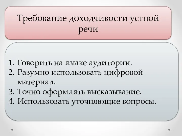 Требование доходчивости устной речи Говорить на языке аудитории. Разумно использовать цифровой