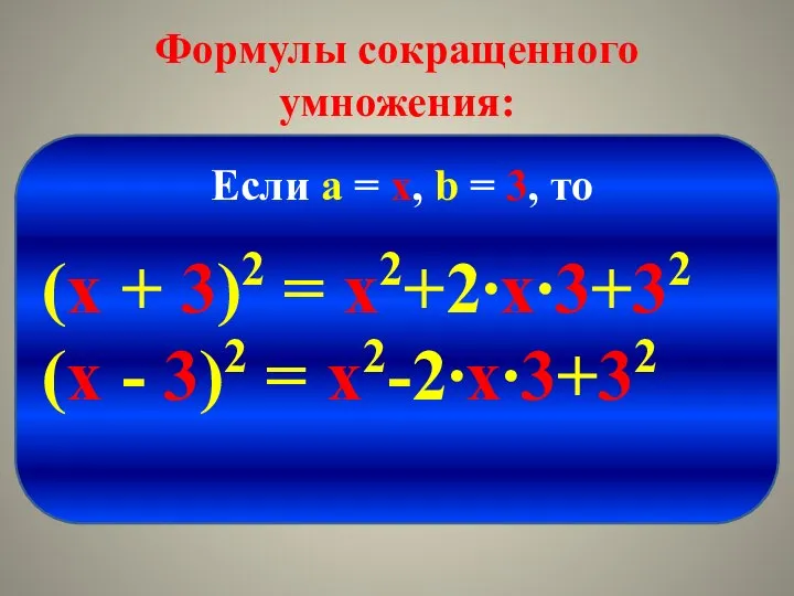 Формулы сокращенного умножения: (х + 3)2 = х2+2∙х∙3+32 (х - 3)2