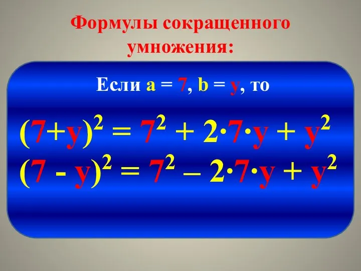 Формулы сокращенного умножения: (7+у)2 = 72 + 2∙7∙у + у2 (7