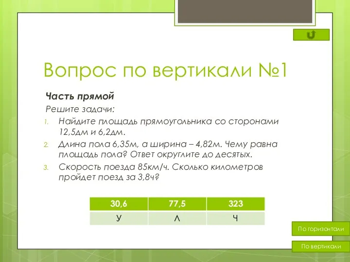 Вопрос по вертикали №1 Часть прямой Решите задачи: Найдите площадь прямоугольника