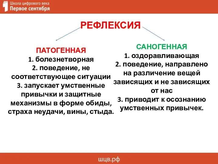 РЕФЛЕКСИЯ ПАТОГЕННАЯ 1. болезнетворная 2. поведение, не соответствующее ситуации 3. запускает