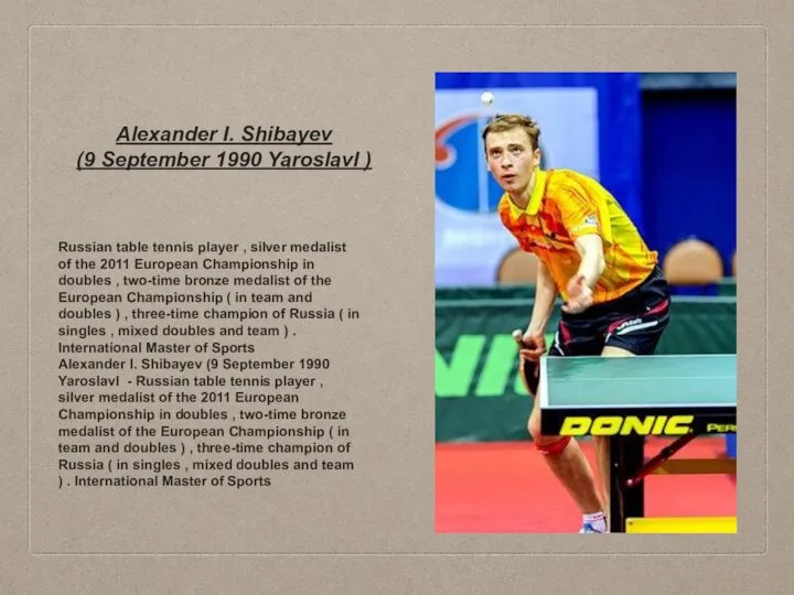 Alexander I. Shibayev (9 September 1990 Yaroslavl ) Russian table tennis