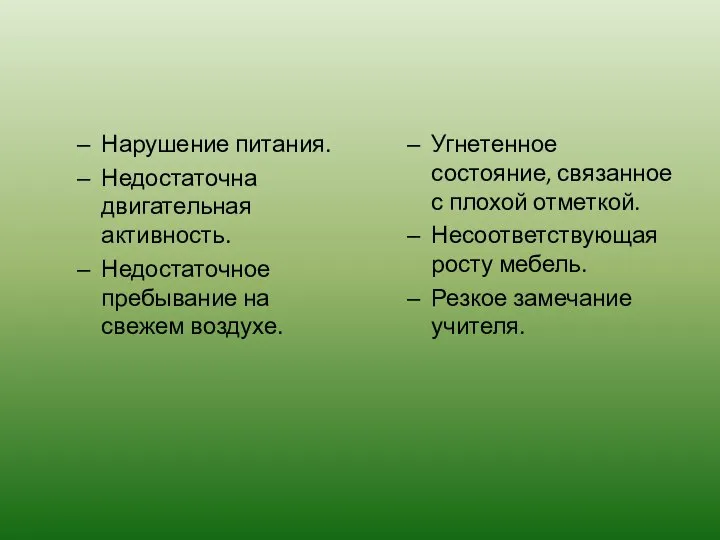 Нарушение питания. Недостаточна двигательная активность. Недостаточное пребывание на свежем воздухе. Угнетенное