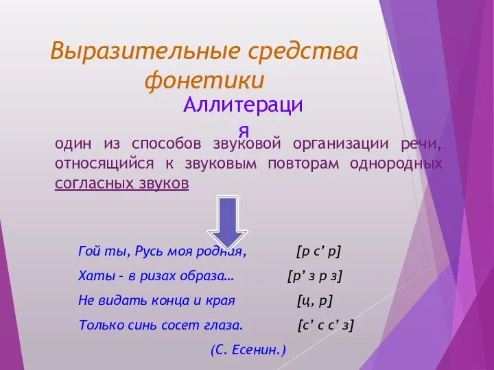 Выразительные средства фонетики Аллитерация один из способов звуковой организации речи, относящийся