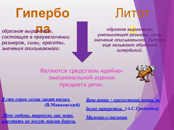 Гипербола Литота образное выражение, уменьшающее размеры, силу, значение описываемого. Литоту еще