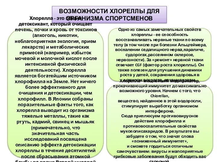 ВОЗМОЖНОСТИ ХЛОРЕЛЛЬI ДЛЯ ОРГАНИЗМА СПОРТСМЕНОВ Хлорелла - это общий детоксикант, который