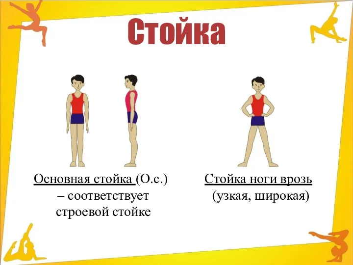 Стойка Основная стойка (О.с.) – соответствует строевой стойке Стойка ноги врозь (узкая, широкая)