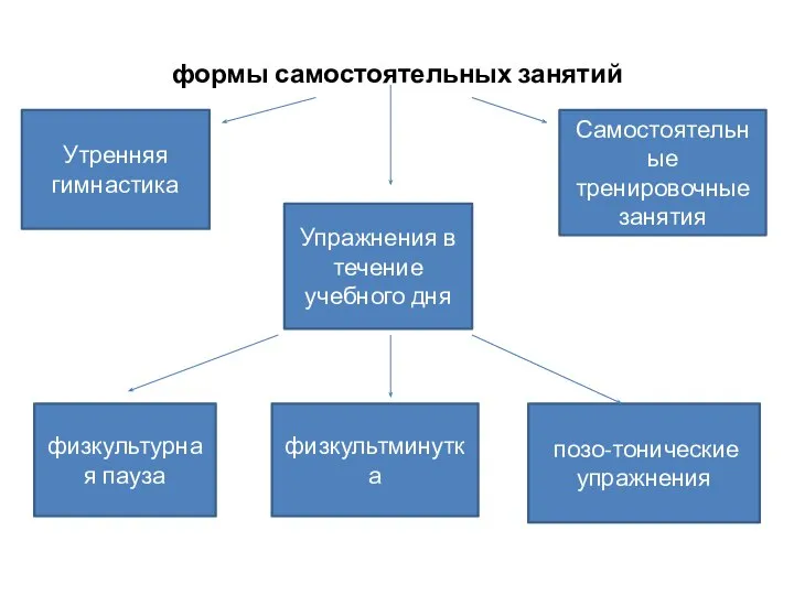 формы самостоятельных занятий Самостоятельные тренировочные занятия Упражнения в течение учебного дня