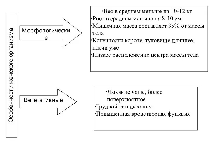 Особенности женского организма Морфологические Вегетативные Вес в среднем меньше на 10-12