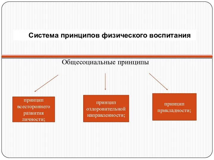 Общесоциальные принципы принцип прикладности; принцип всестороннего развития личности; принцип оздоровительной направленности; Система принципов физического воспитания