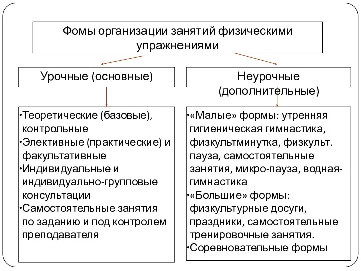 Фомы организации занятий физическими упражнениями Урочные (основные) Неурочные (дополнительные) Теоретические (базовые),