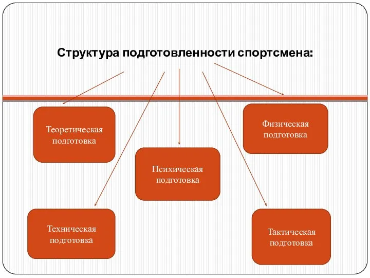 Структура подготовленности спортсмена: Техническая подготовка Теоретическая подготовка Психическая подготовка Физическая подготовка Тактическая подготовка