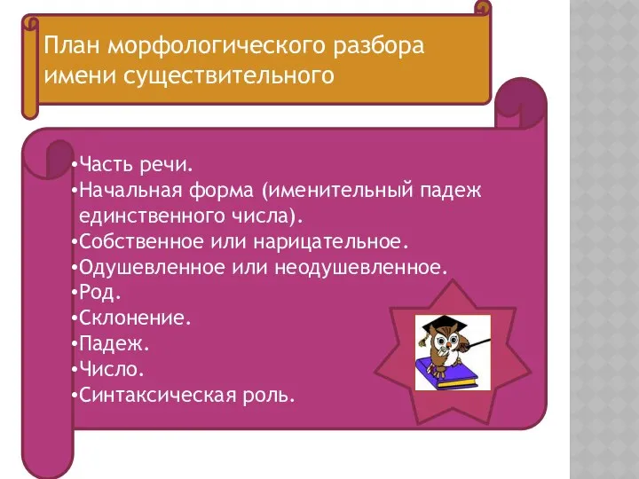 Часть речи. Начальная форма (именительный падеж единственного числа). Собственное или нарицательное.