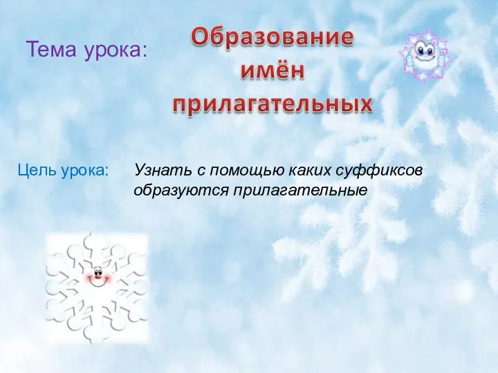 Тема урока: Цель урока: Узнать с помощью каких суффиксов образуются прилагательные