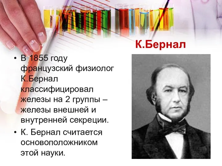 К.Бернал В 1855 году французский физиолог К.Бернал классифицировал железы на 2