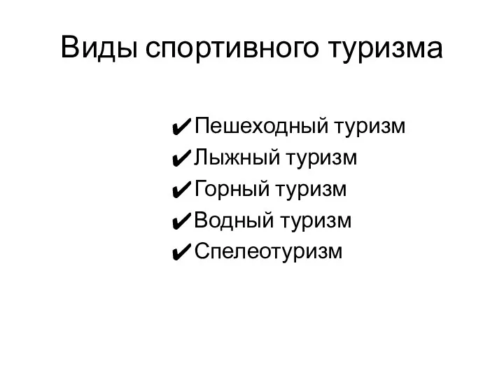 Виды спортивного туризма Пешеходный туризм Лыжный туризм Горный туризм Водный туризм Спелеотуризм