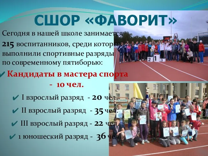 Сегодня в нашей школе занимается 215 воспитанников, среди которых выполнили спортивные