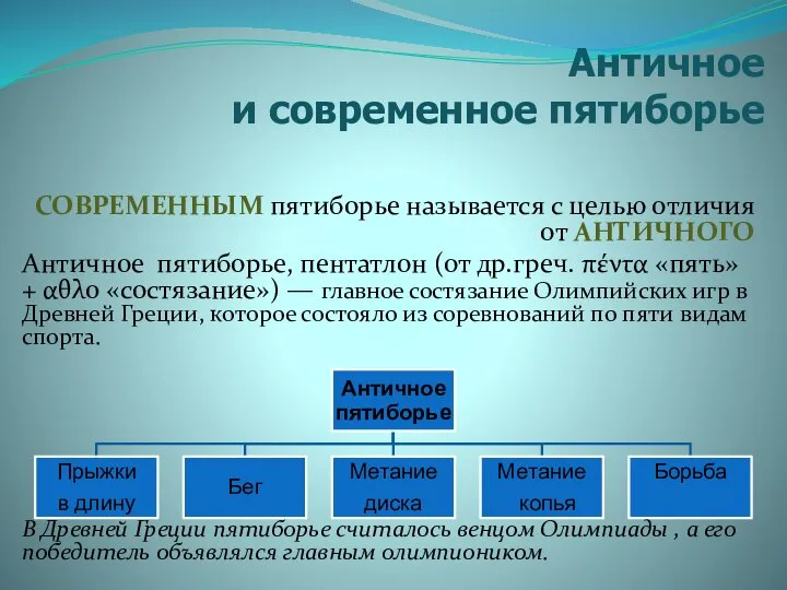 Античное и современное пятиборье СОВРЕМЕННЫМ пятиборье называется с целью отличия от