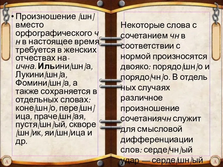 Произношение [шн] вместо орфографического чн в на­стоящее время требуется в женских