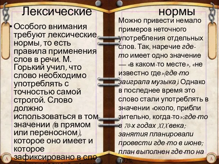 Лексические нормы Особого внимания требуют лексические нормы, то есть правила применения