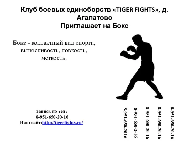 Клуб боевых единоборств «TIGER FIGHTS», д. Агалатово Приглашает на Бокс Бокс