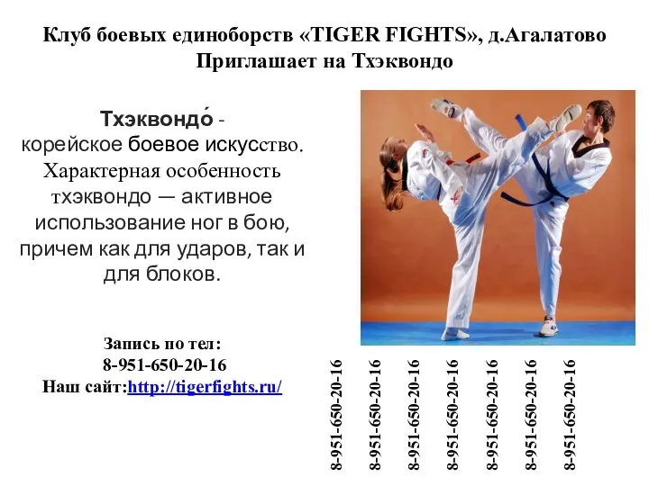 Клуб боевых единоборств «TIGER FIGHTS», д.Агалатово Приглашает на Тхэквондо Тхэквондо́ -