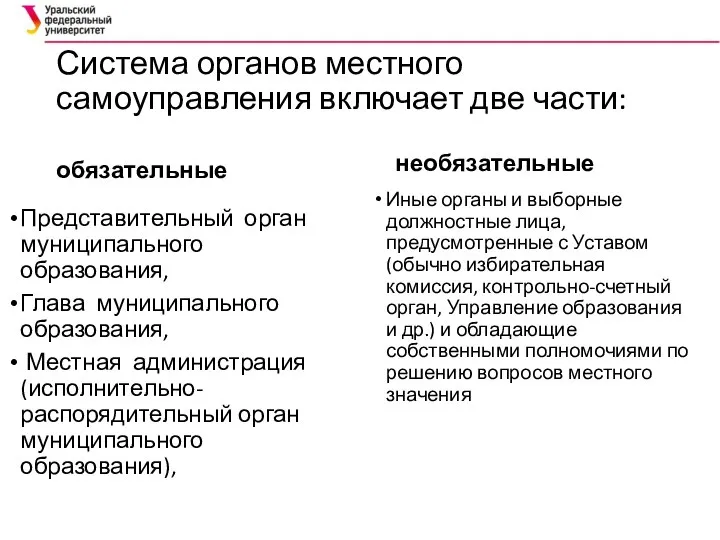 Система органов местного самоуправления включает две части: обязательные Представительный орган муниципального