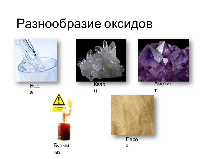 Разнообразие оксидов Вода Кварц Аметист Песок Бурый газ