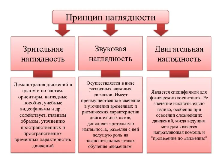 Принцип наглядности Зрительная наглядность Демонстрация движений в целом и по частям,