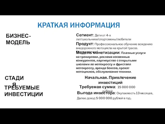 КРАТКАЯ ИНФОРМАЦИЯ БИЗНЕС-МОДЕЛЬ Сегмент: Дети от 4-х лет/школьники/спортсмены/любители Продукт: Профессиональное обучение