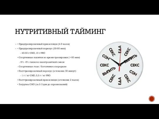 НУТРИТИВНЫЙ ТАЙМИНГ • Предтренировочный прием пищи (4-6 часов) • Предтренировочный перекус