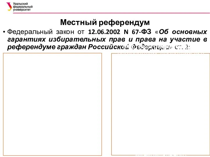 Местный референдум Федеральный закон от 12.06.2002 N 67-ФЗ «Об основных гарантиях