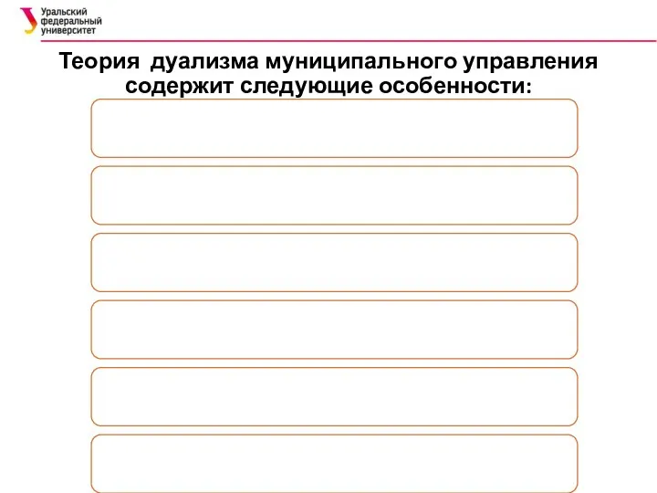 Теория дуализма муниципального управления содержит следующие особенности: наличие общегосударственного и местного