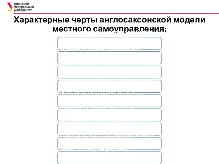 Характерные черты англосаксонской модели местного самоуправления: - отсутствие на местах полномочных