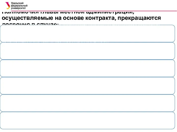 Полномочия главы местной администрации, осуществляемые на основе контракта, прекращаются досрочно в случае: