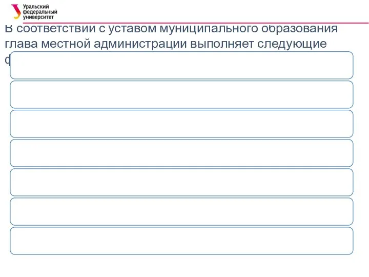 В соответствии с уставом муниципального образования глава местной администрации выполняет следующие функции: