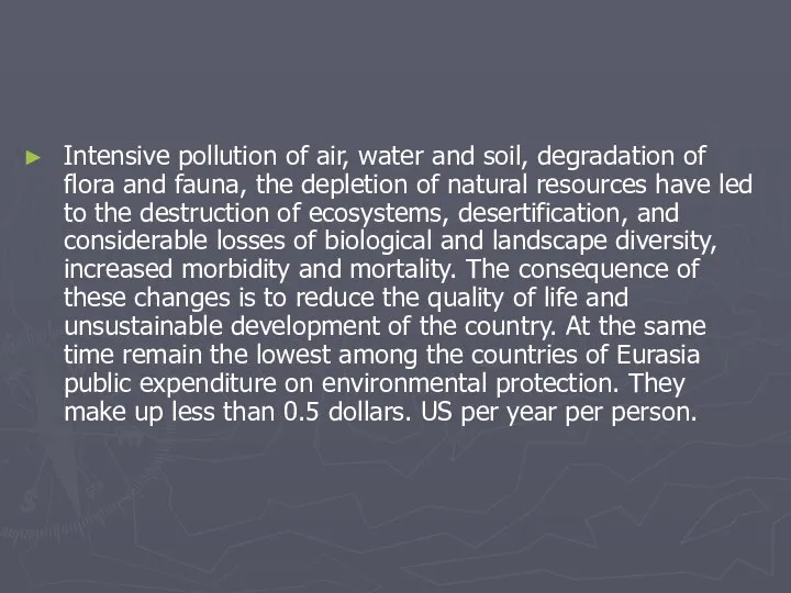 Intensive pollution of air, water and soil, degradation of flora and