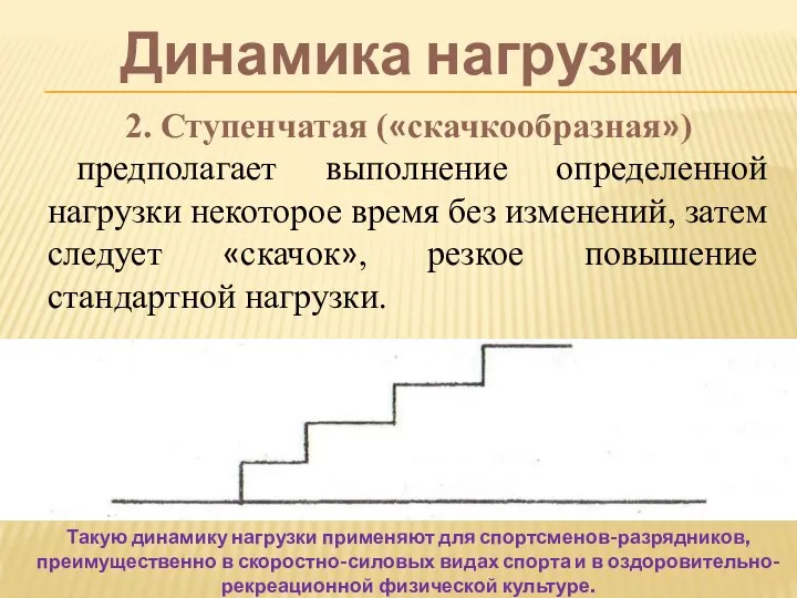 Динамика нагрузки 2. Ступенчатая («скачкообразная») предполагает выполнение определенной нагрузки некоторое время